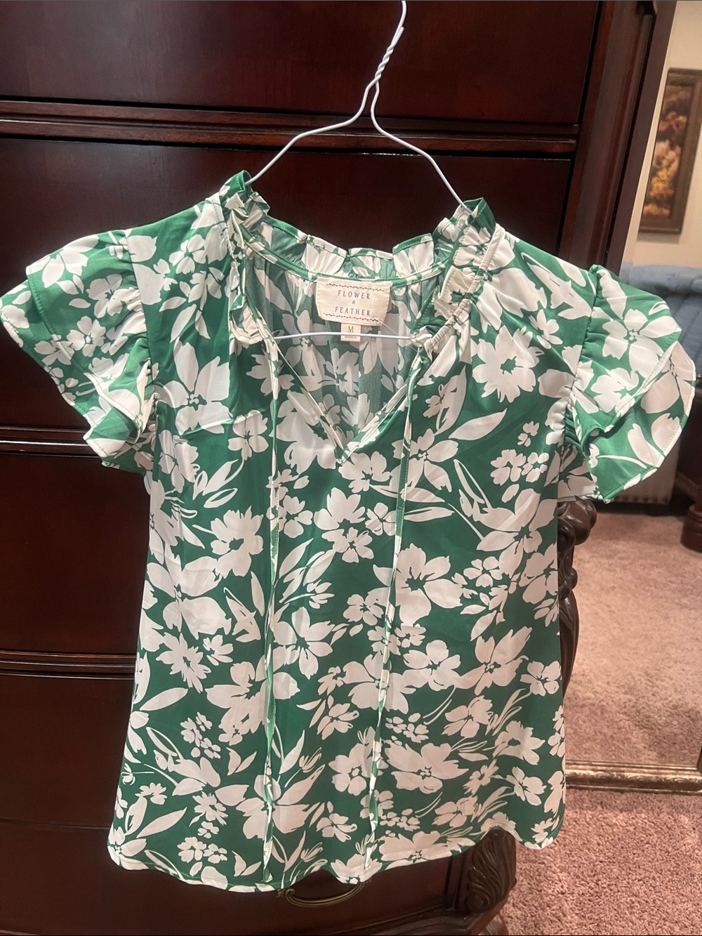 Flower + Feather Green Floral Ruffle Neck Blouse